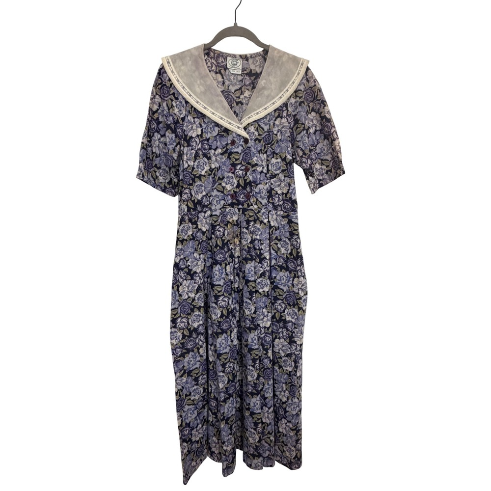 Vintage Laura Ashley Floral Midi Dress Purple Rose Sailor Collar UK 14 US 12